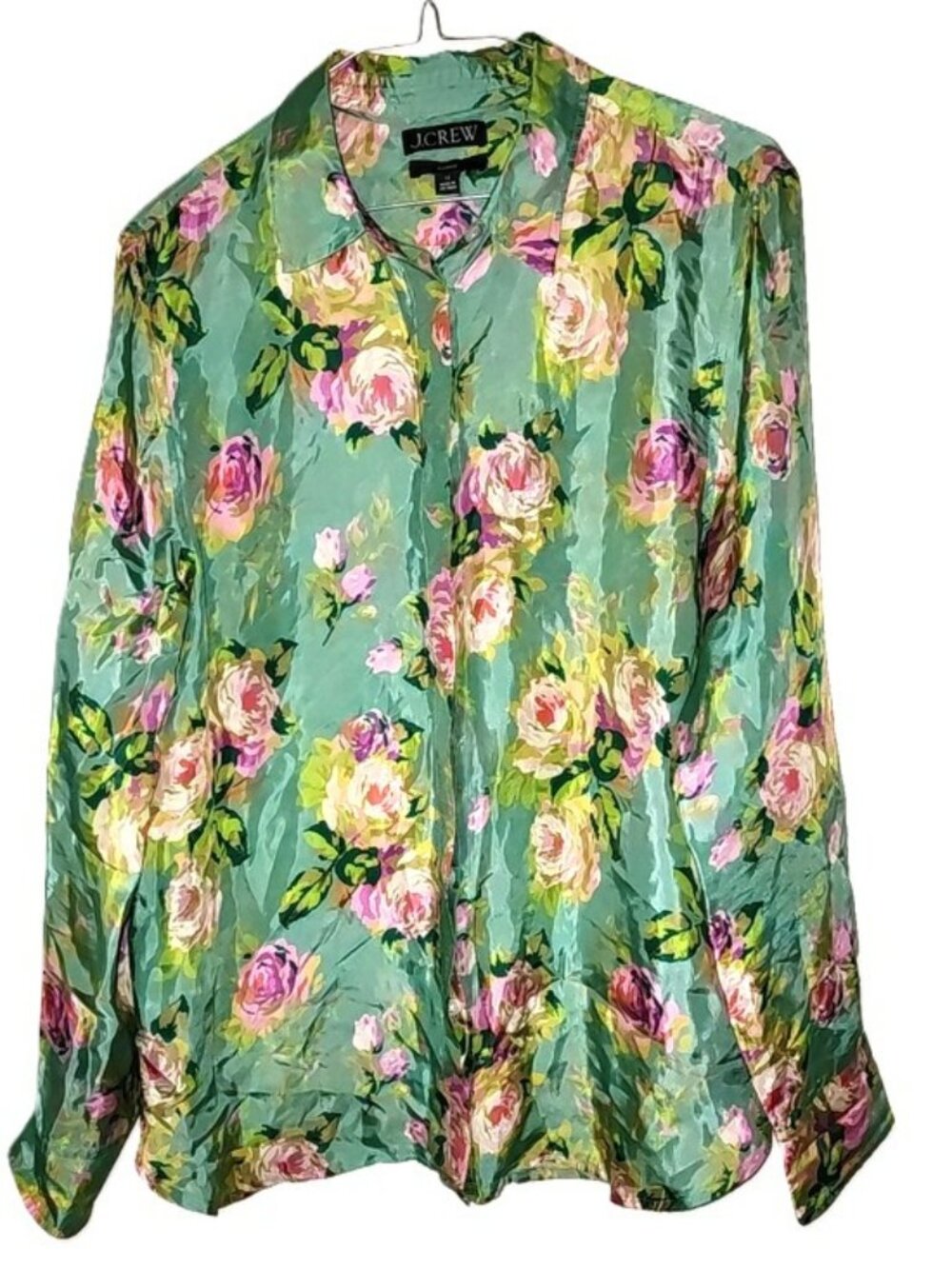 J. Crew Women's Classic Fit Cupro-blend Shirt Rose Garden Floral Satin Size 12